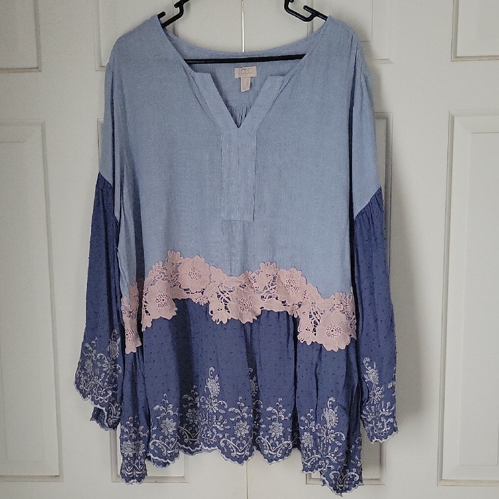 LOGO Lavish Womens Cotton Blend Boho Mixed Media Tunic Top Sz 2x Cottagecore